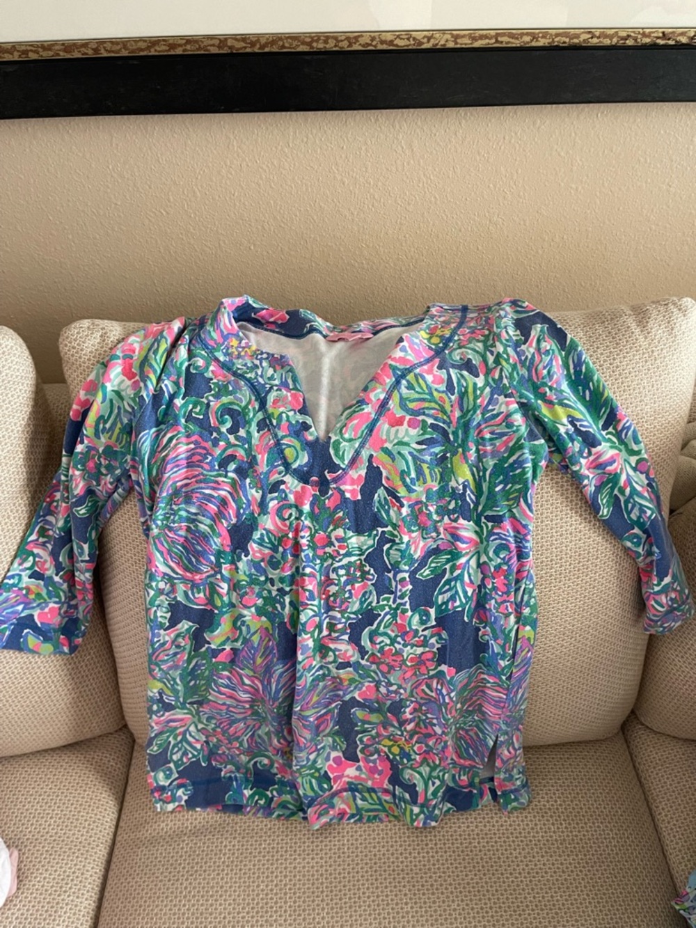 Lilly Pulitzer Pink, Navy & Green Floral V-Neck Top